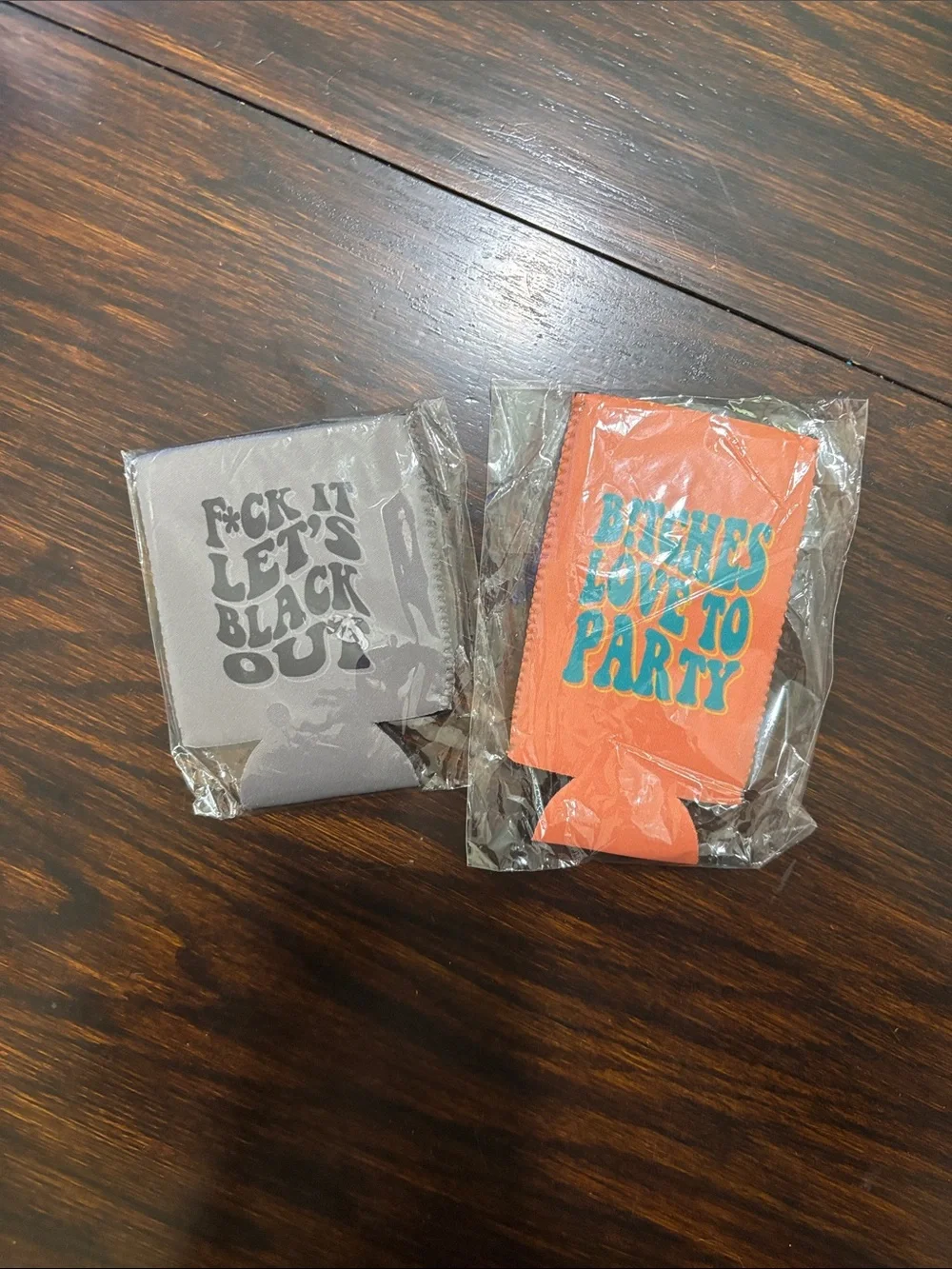Orange and Gray Party Can Coolers - Fun Slogan Beverage Holders